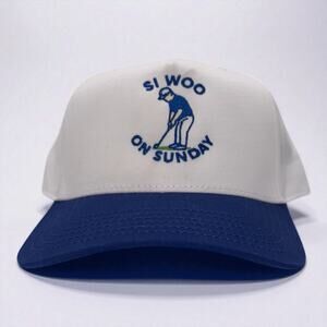 Si Woo on Sunday Golf Hat | White & Navy Embroidered Snapback | Mad Capper Texas